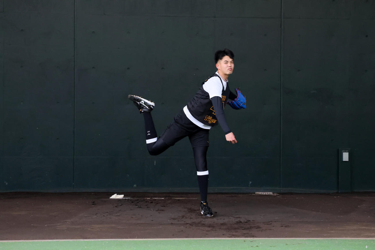阪神早瀬は合同自主トレで初めてブルペンに入り投球練習を行った（撮影・加藤哉）