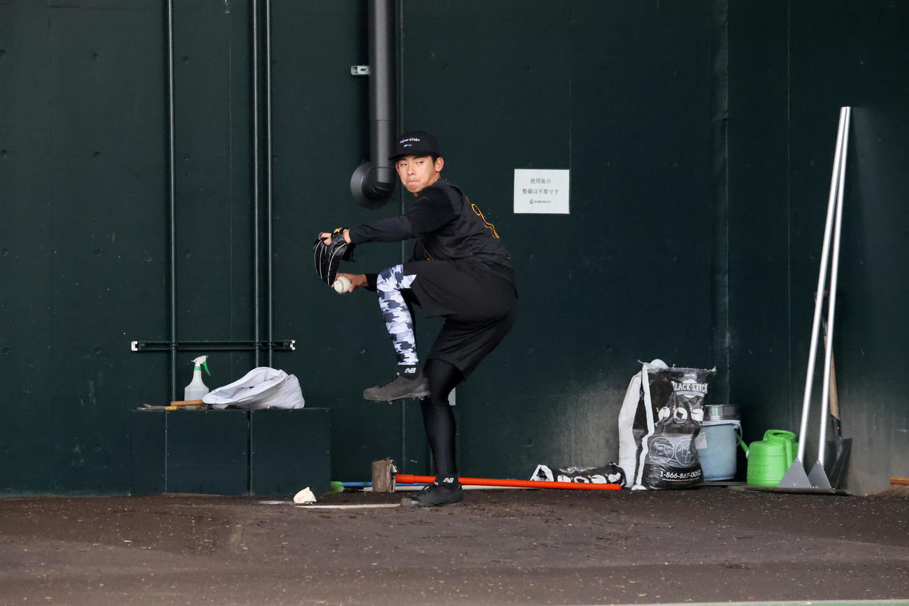 阪神能登は合同自主トレで初めてブルペンに入り投球練習を行った（撮影・加藤哉）