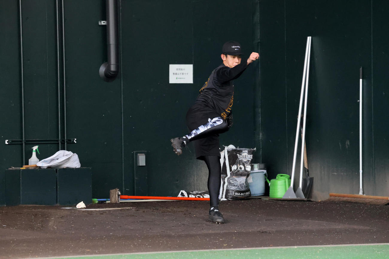 阪神能登は合同自主トレで初めてブルペンに入り投球練習を行った（撮影・加藤哉）