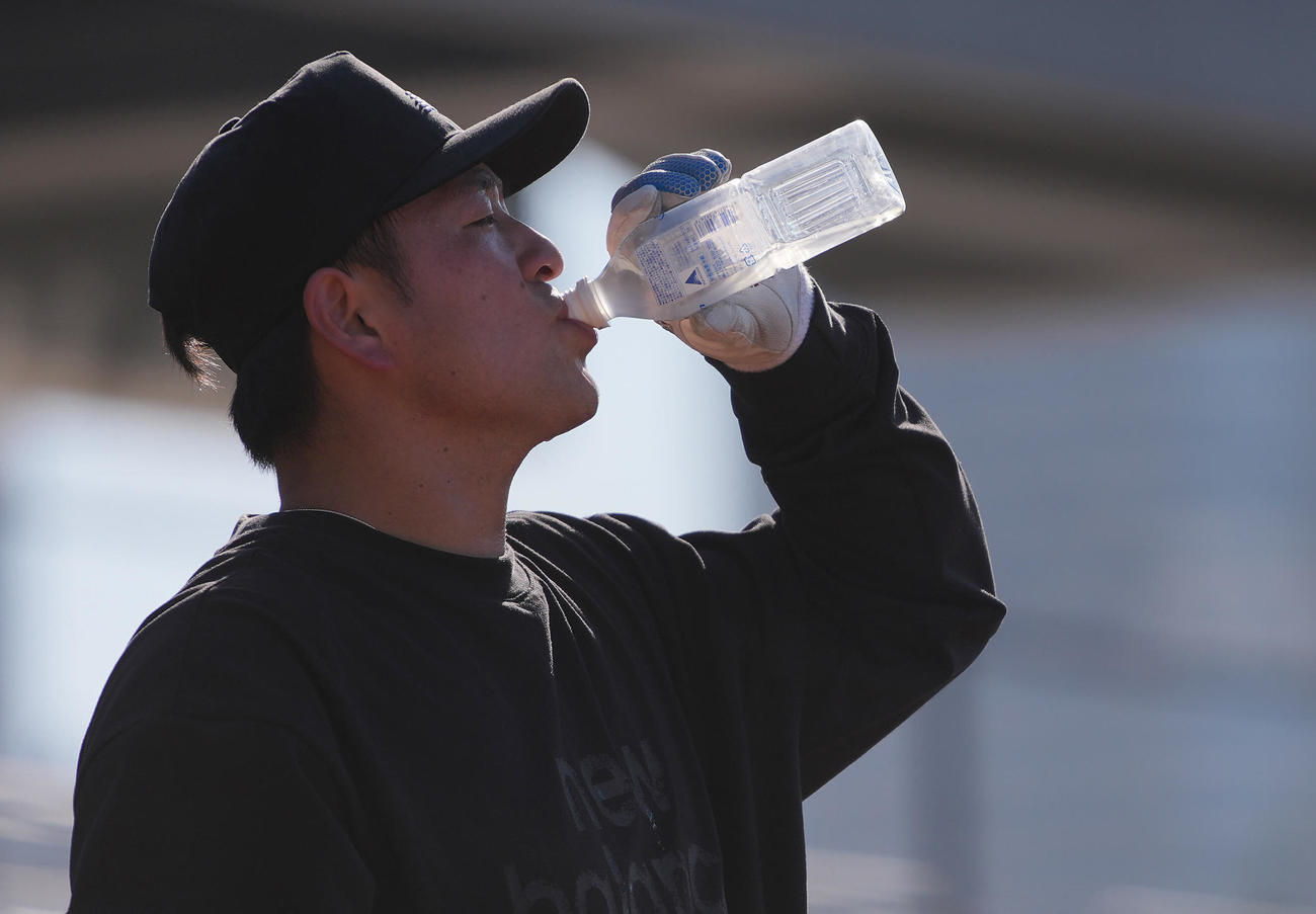 練習の合間に水分補給する巨人岸田（撮影・垰建太）