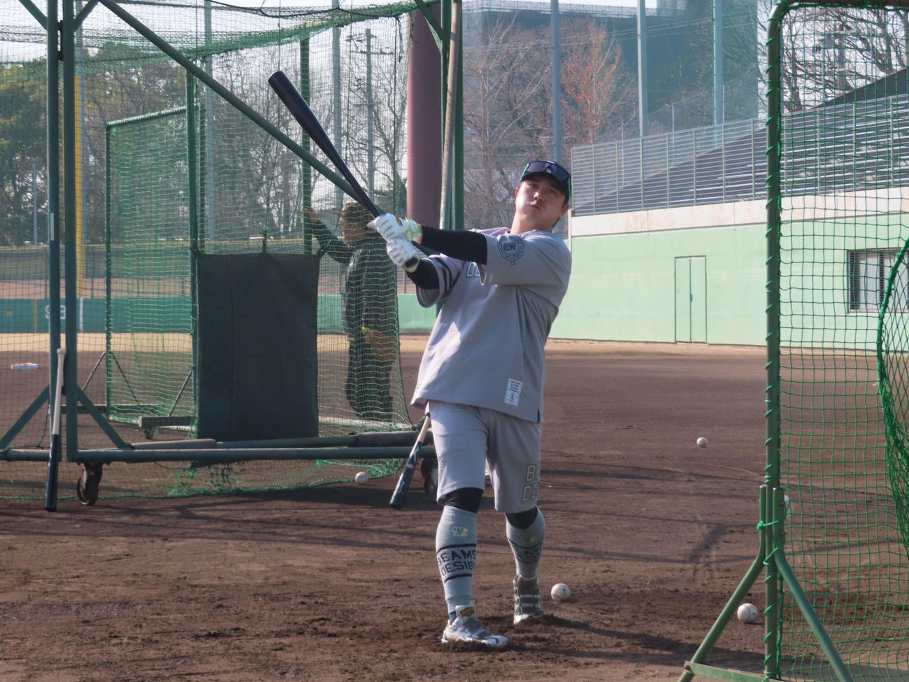 自主トレを公開し、打撃練習を行うDeNA佐野（撮影・山本佳央）
