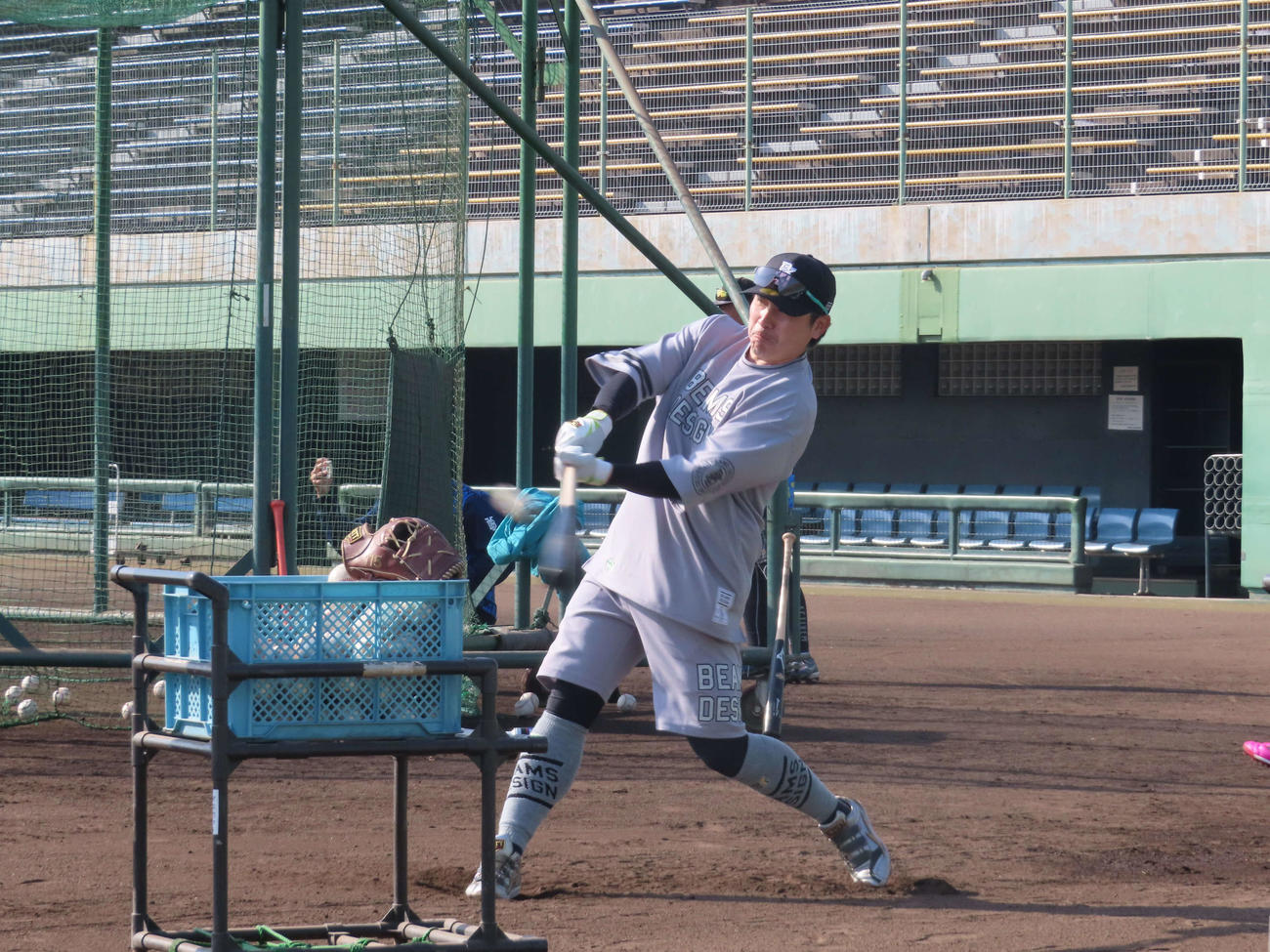 自主トレを公開し、打撃練習を行うDeNA佐野（撮影・山本佳央）