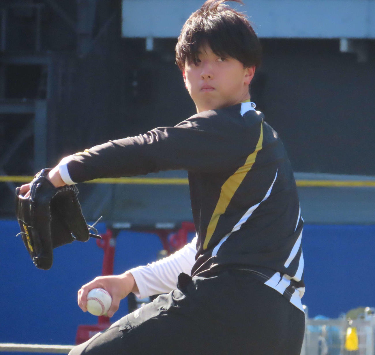 自主トレを公開しキャッチボールをするロッテ田中（撮影・水谷京裕）