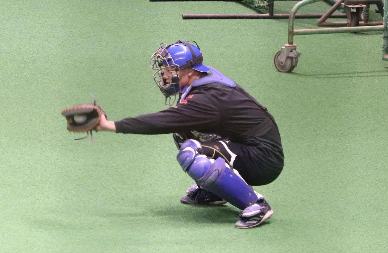 ナゴヤ球場での自主トレでキャッチング練習を行う中日味谷