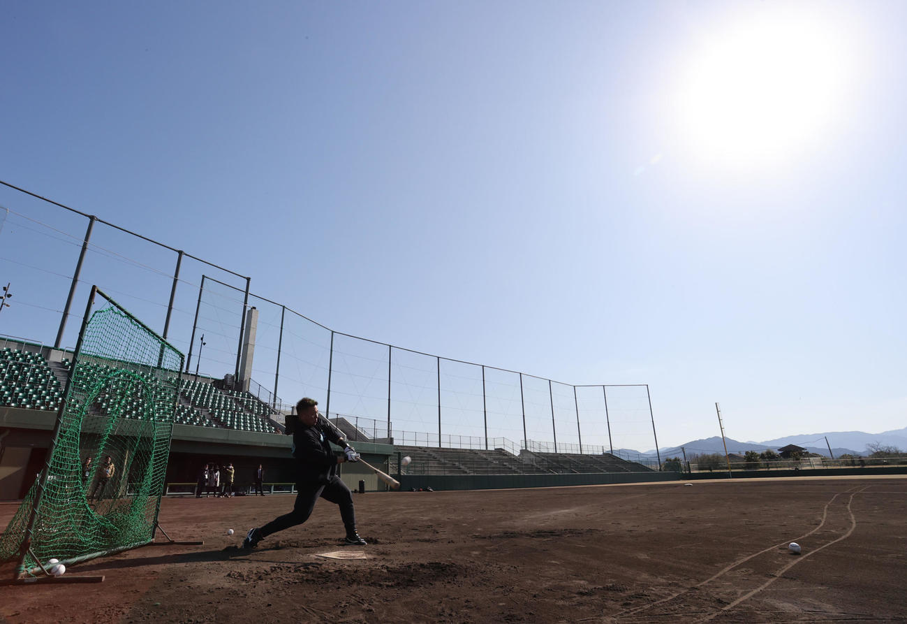 打撃練習をするソフトバンク山川（撮影・梅根麻紀）