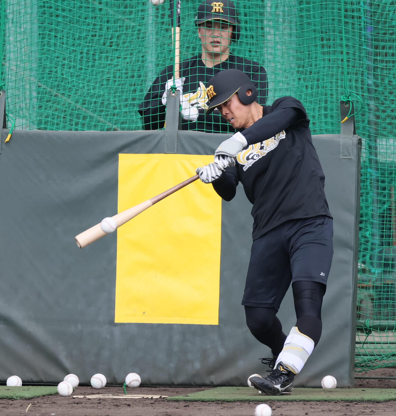 沖縄合同自主トレ初日、打撃練習を行う阪神谷端（撮影・加藤哉）