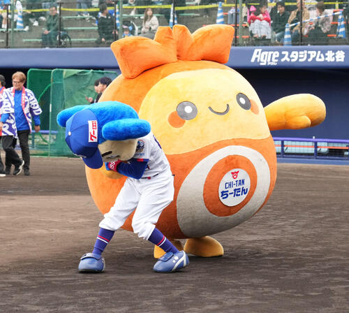 ドアラ（左）は北谷町のマスコットちーたんへ背負い投げを仕掛ける（撮影・森本幸一）