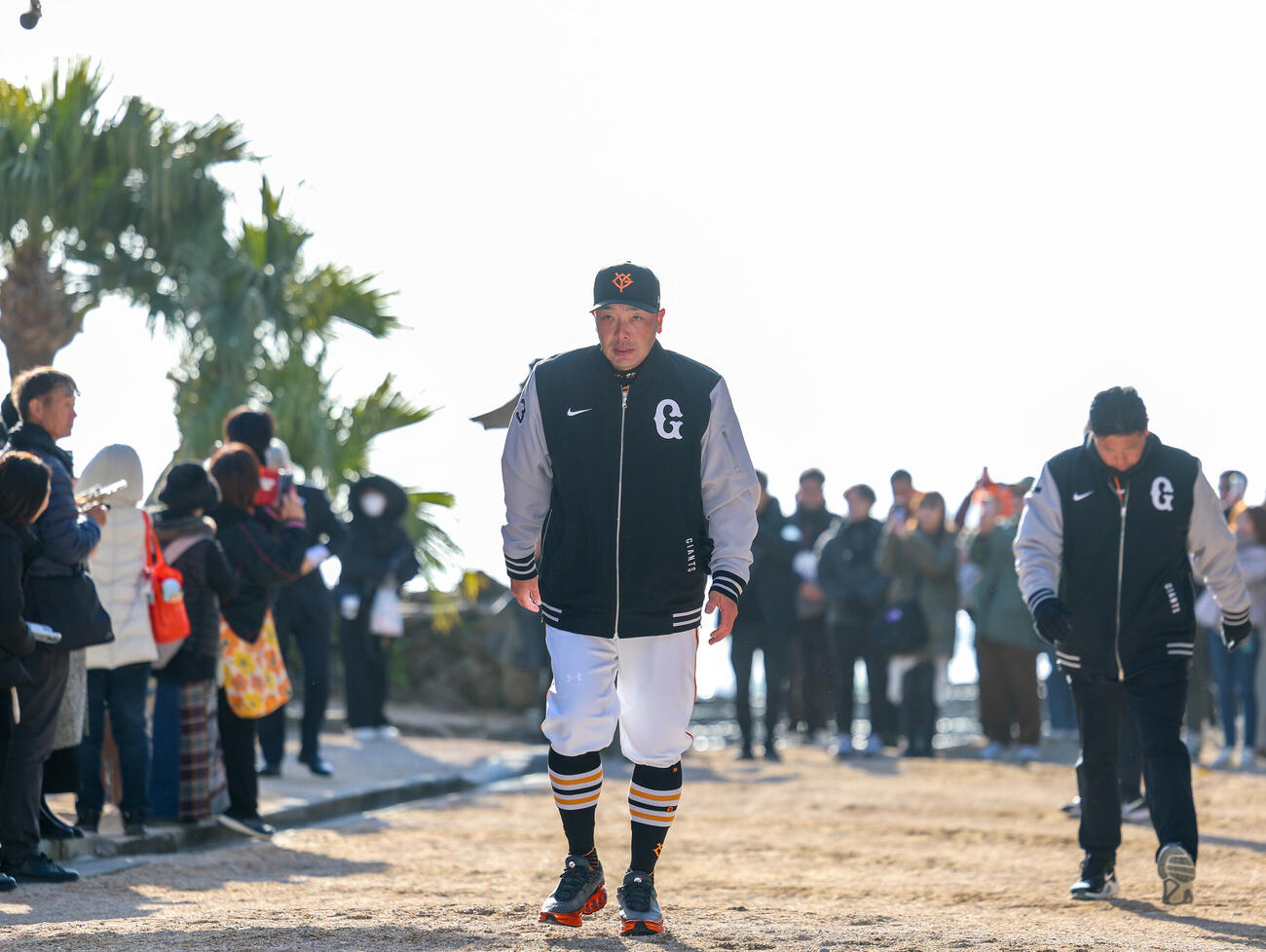 青島神宮へ参拝に向かう巨人阿部監督（撮影・増田悦実）
