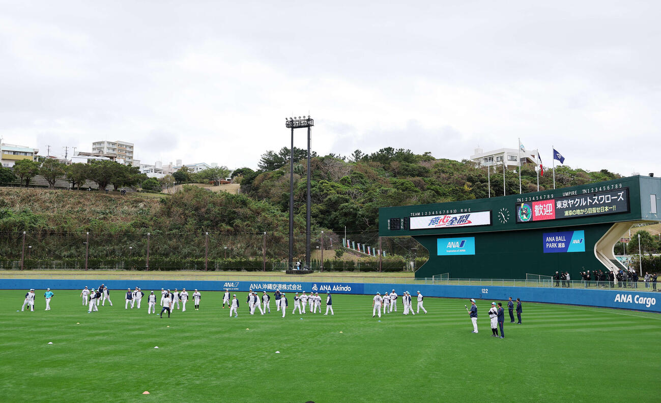 アップするヤクルトの選手たち（撮影・鈴木正人）　