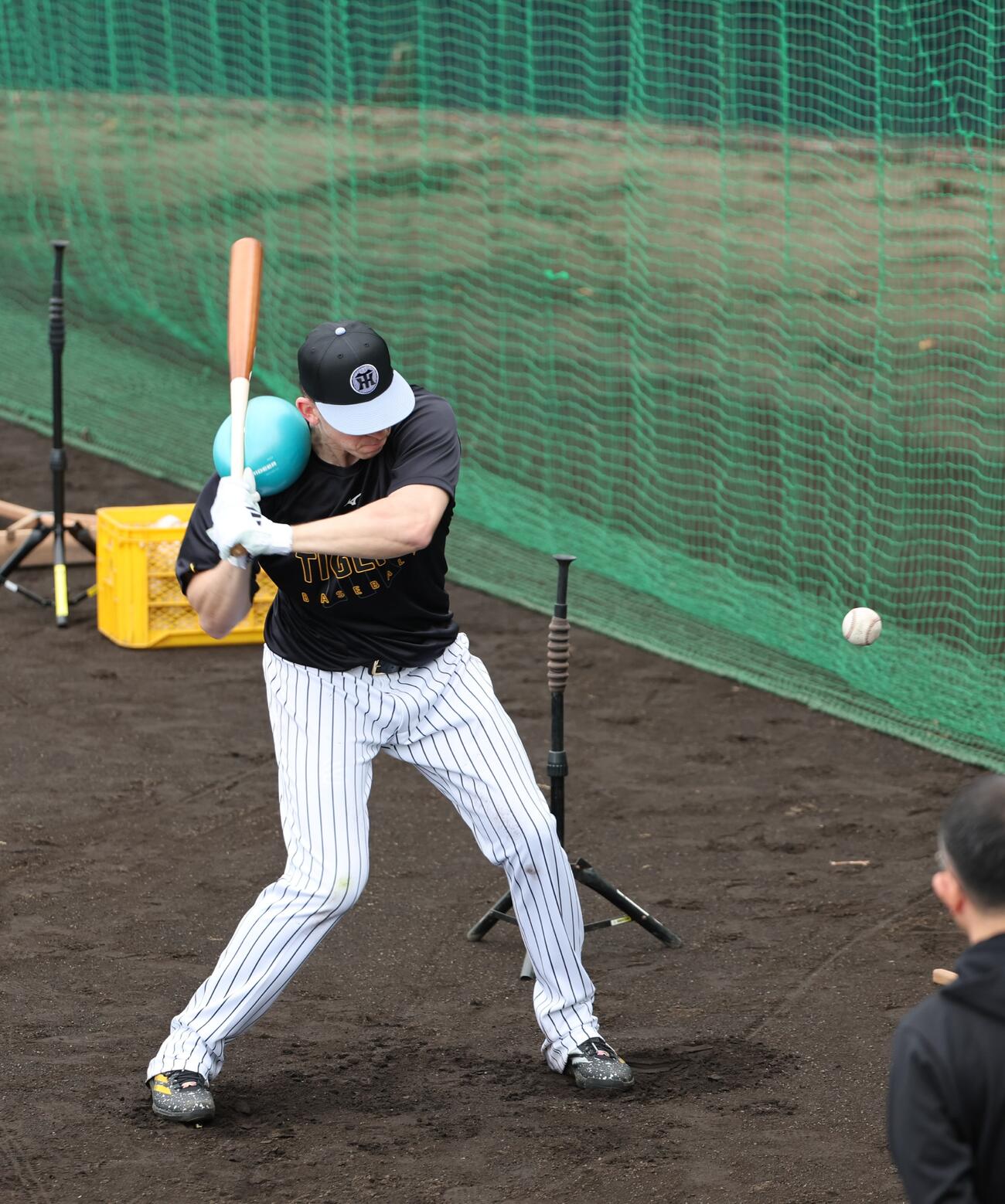肩にメディシンボールを乗せてティー打撃を行う阪神ディベイニー（撮影・西尾就之）