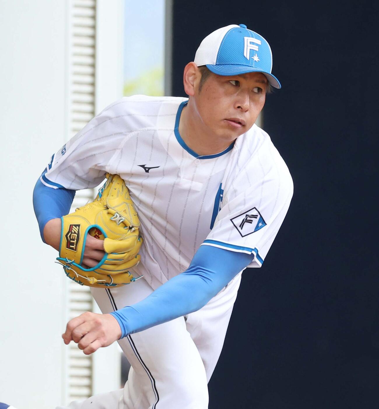キャンプ一番乗りでブルペンで投球する日本ハム加藤貴（撮影・黒川智章）