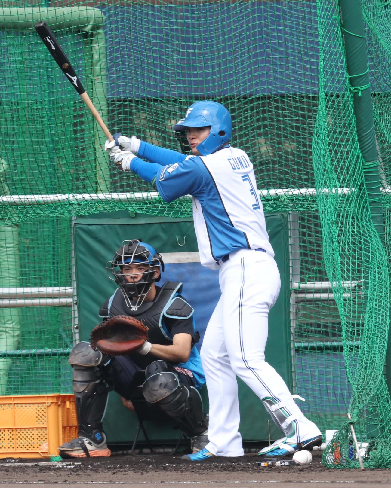 新背番号「3」のユニホームでフリー打撃する日本ハム郡司（撮影・黒川智章）