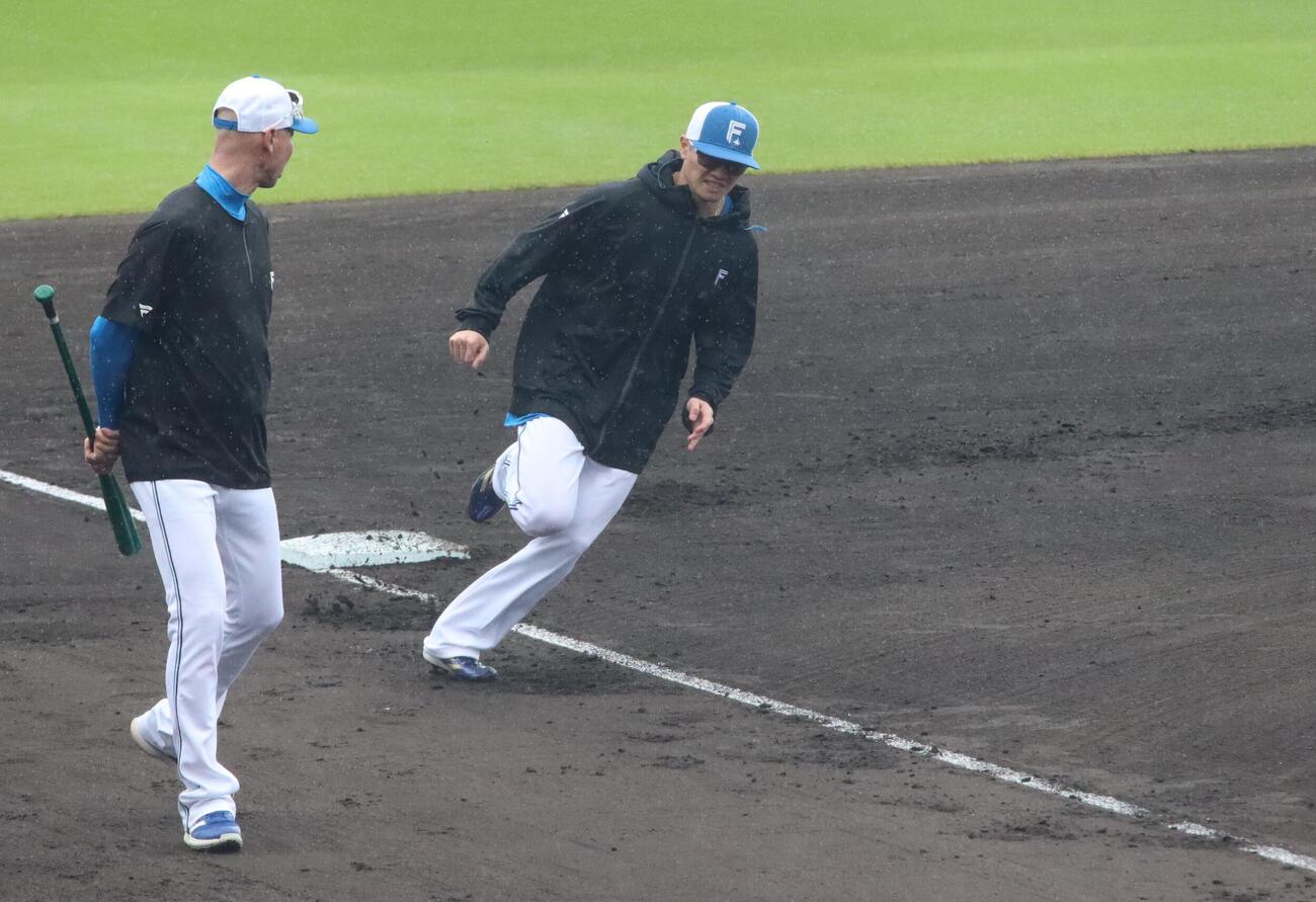 日本ハム西川の走塁をチェックする森本コーチ（左）（撮影・永野高輔）