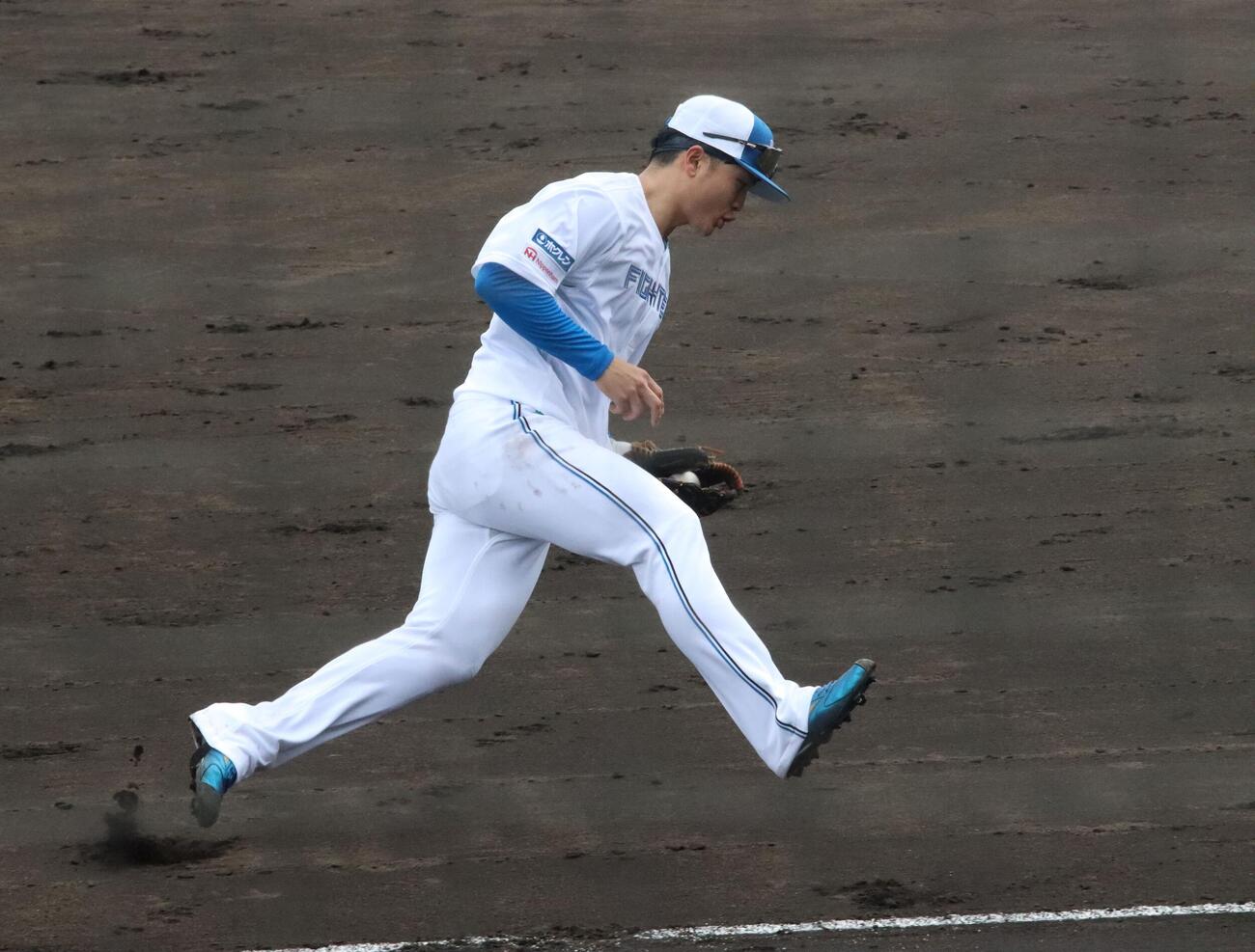 背番号3のユニホームを着て三塁の守備練習に励む日本ハム郡司（撮影・永野高輔）
