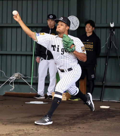 初めてブルペンに入って投球練習する阪神モレッタ（撮影・加藤哉）