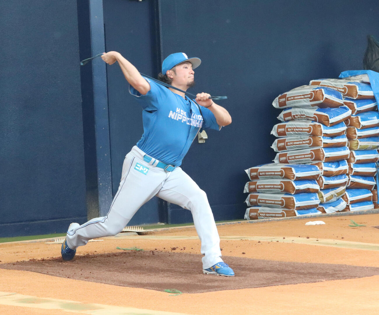 ゴムのようなものを持って体をほぐす日本ハム伊藤（撮影・永野高輔）