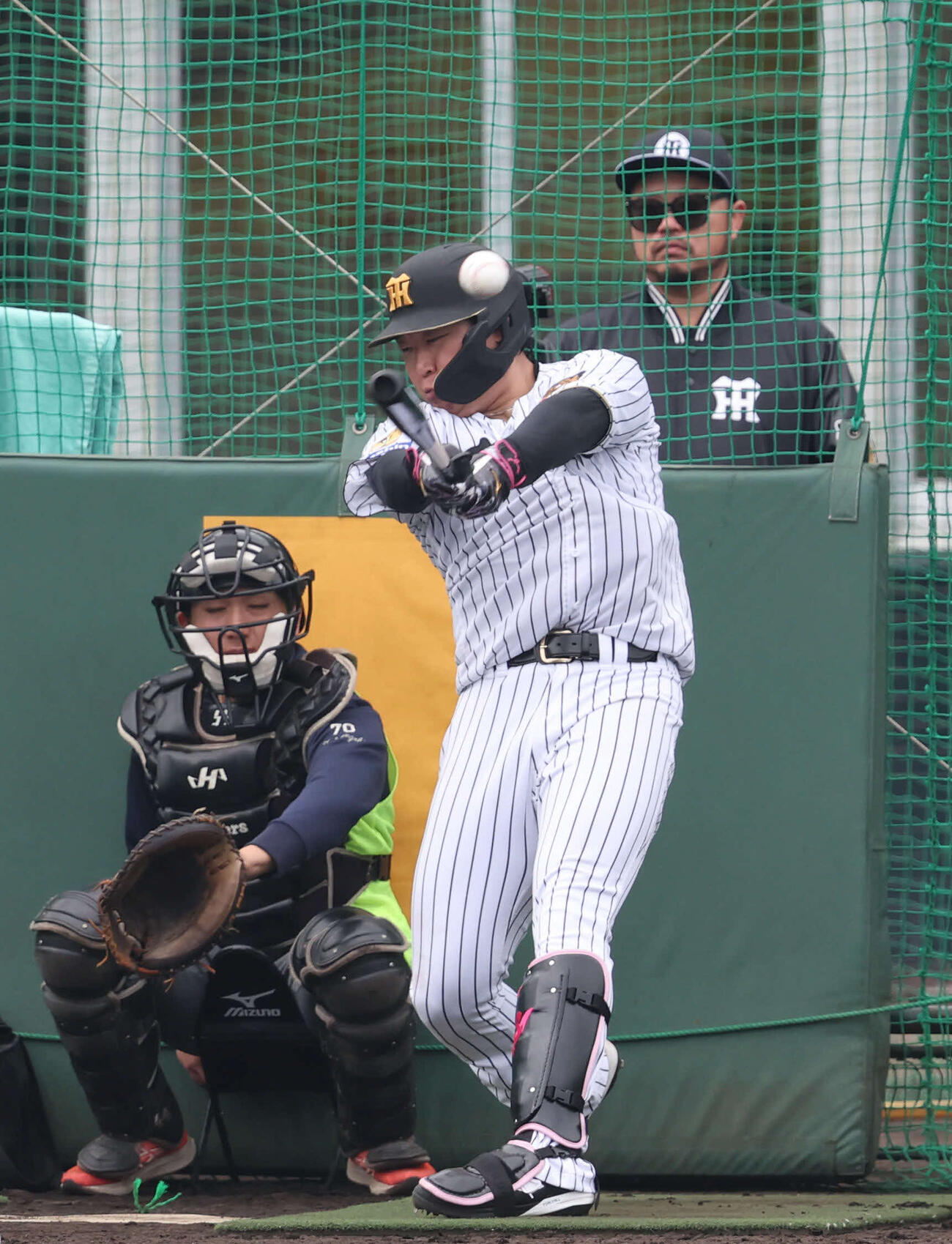 小谷野コーチが見守る前、ランチタイムに特打を行う阪神大山（撮影・西尾就之）