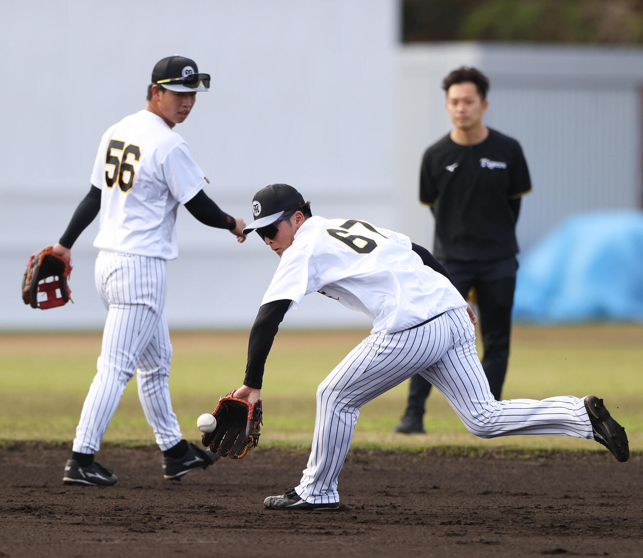 早出ノックを受ける阪神（手前）と百崎（撮影・上山淳一）