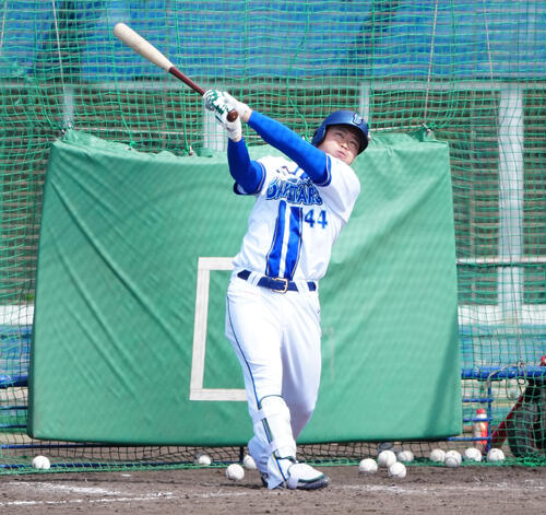 打撃練習するDeNA石上（撮影・鈴木みどり）