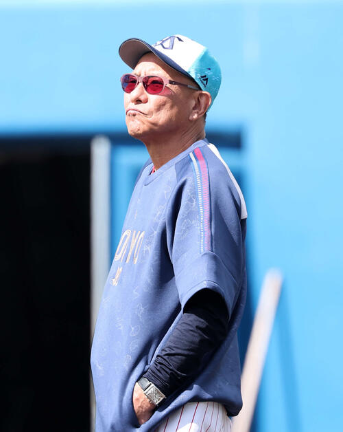 練習を見つめるヤクルト池山監督（撮影・鈴木正人）　