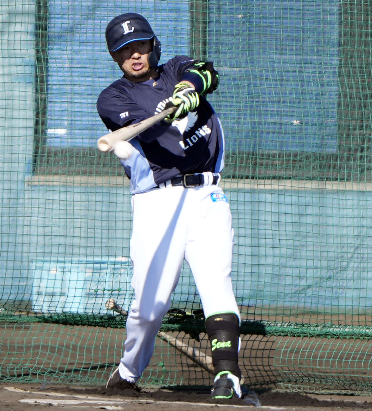 個別練習でバッティングする西武柘植（撮影・小島史椰）