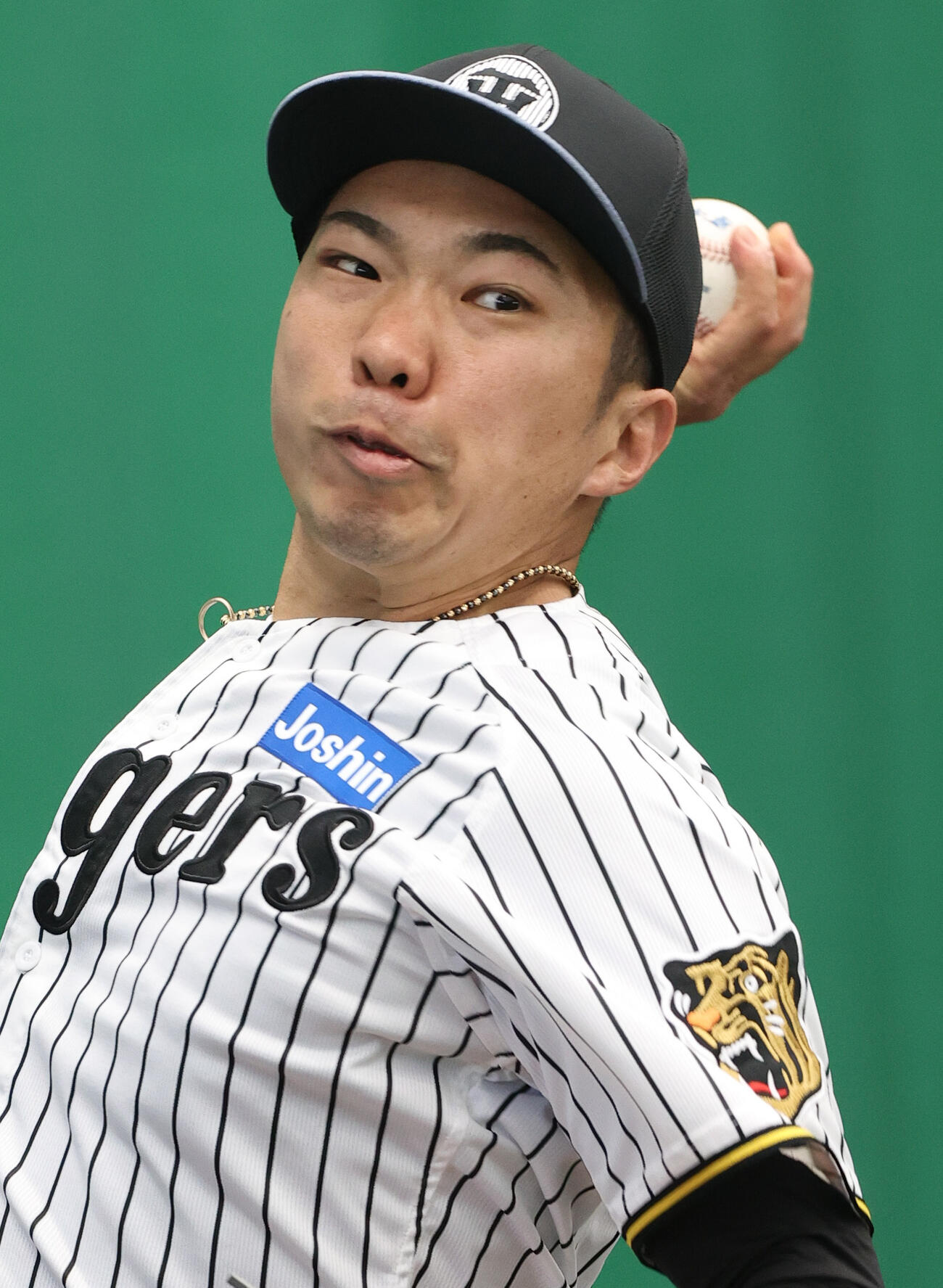 ブルペンで投げ込む阪神石井（撮影・上山淳一）