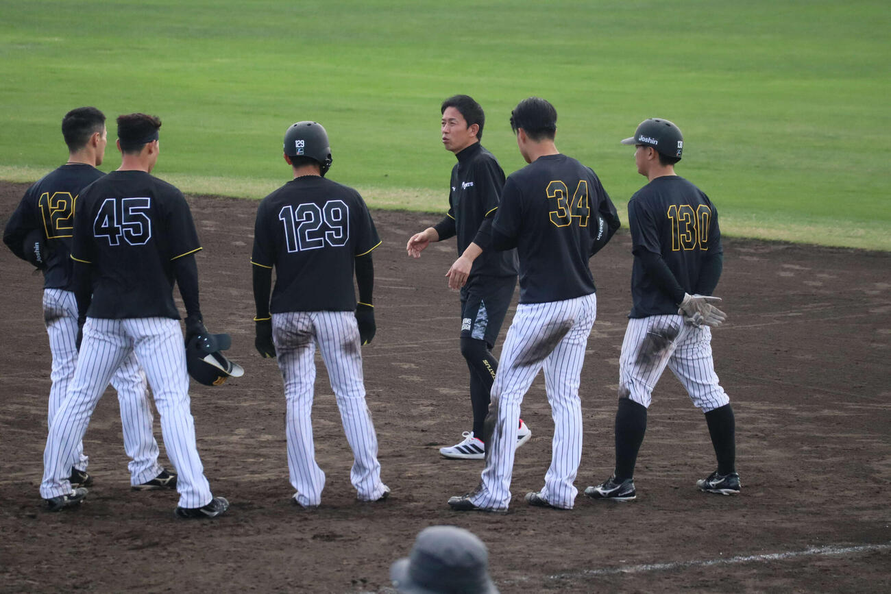 赤星臨時コーチから指導を受ける阪神山崎と岡城（手前中央）（撮影・村松万里子）