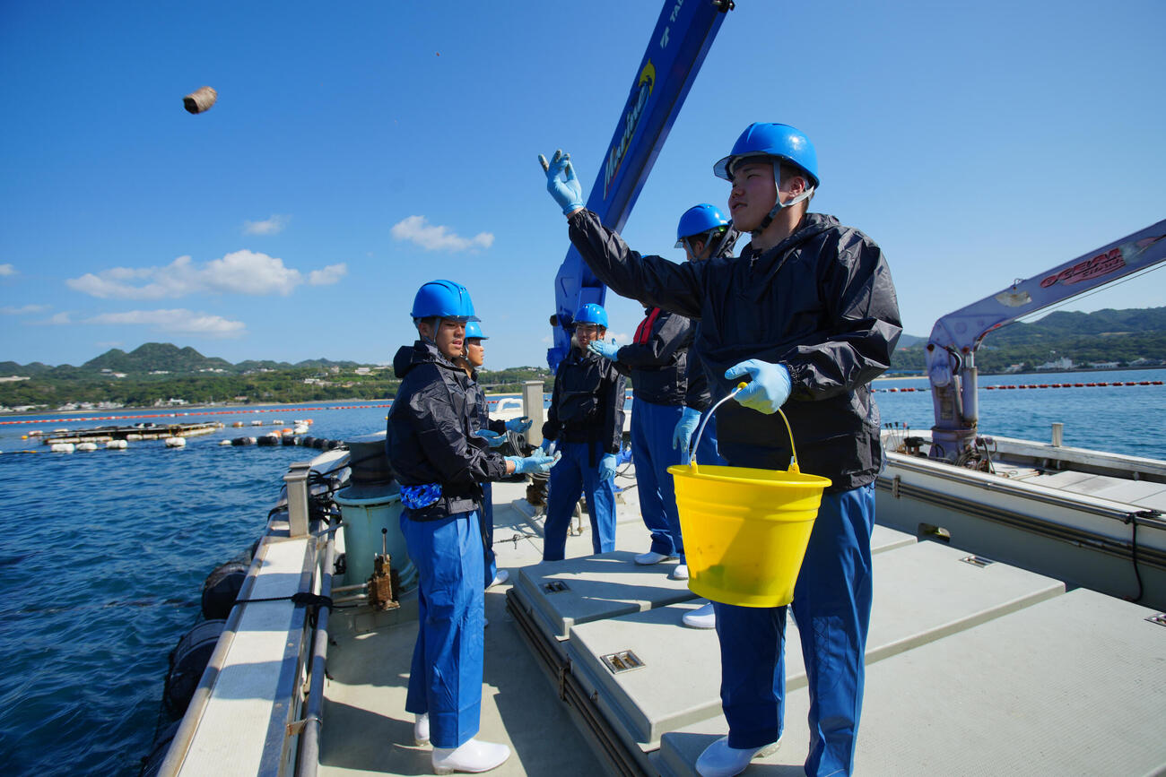 マグロ漁船で餌やり体験するDeNA小田（右）