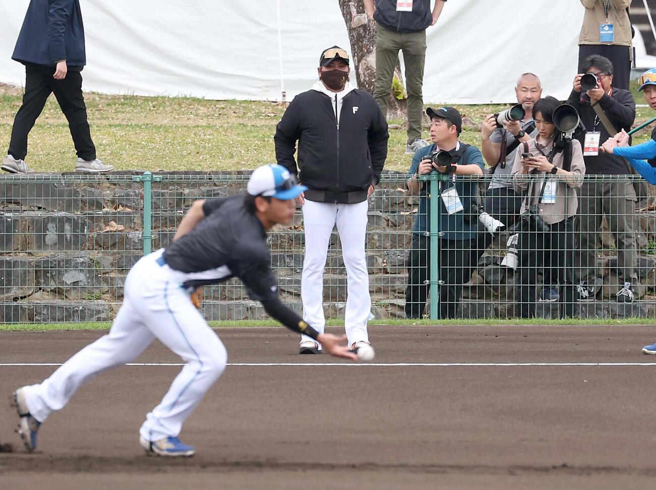 野村の二塁守備練習を見つめる新庄監督（撮影・黒川智章）