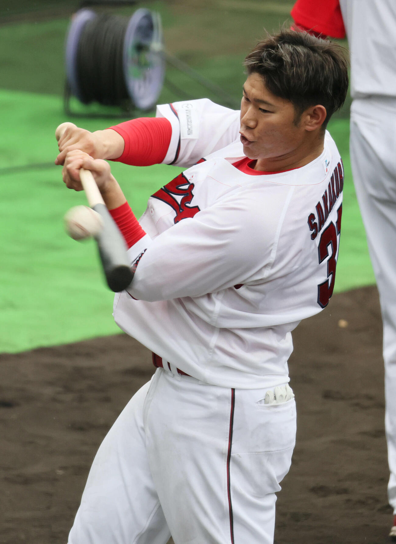 素手でティー打撃練習をする広島坂倉（撮影・加藤孝規）