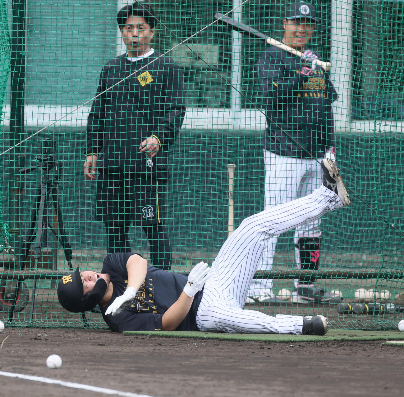 打撃練習する佐藤は西村打撃投手の投げたボールが当たって転倒。この時点で打撃練習を終えベンチ奥へ引き揚げた（撮影・加藤哉）