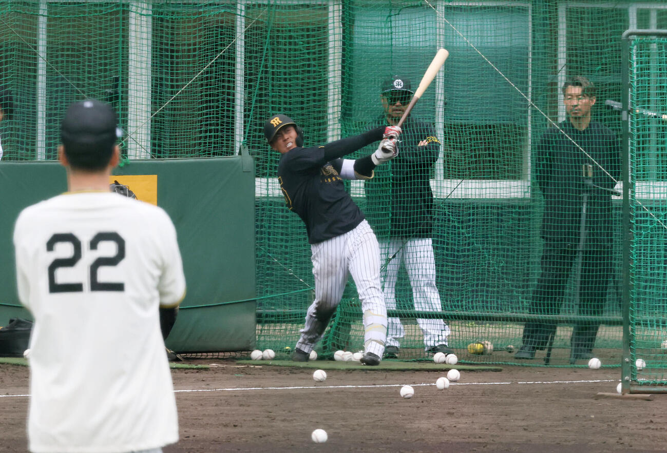 打撃練習を行う阪神谷端と見守る藤川監督。右は日刊スポーツ評論家の鳥谷氏（撮影・加藤哉）