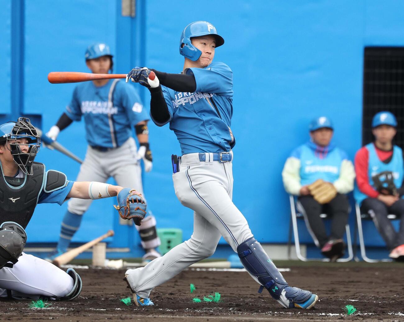 日本ハム紅白戦　2回表紅組2死二塁、右前適時打を放つ矢沢（撮影・黒川智章）