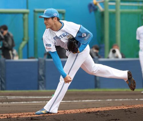 日本ハム紅白戦 2回に登板の白組菊地(撮影・黒川智章)