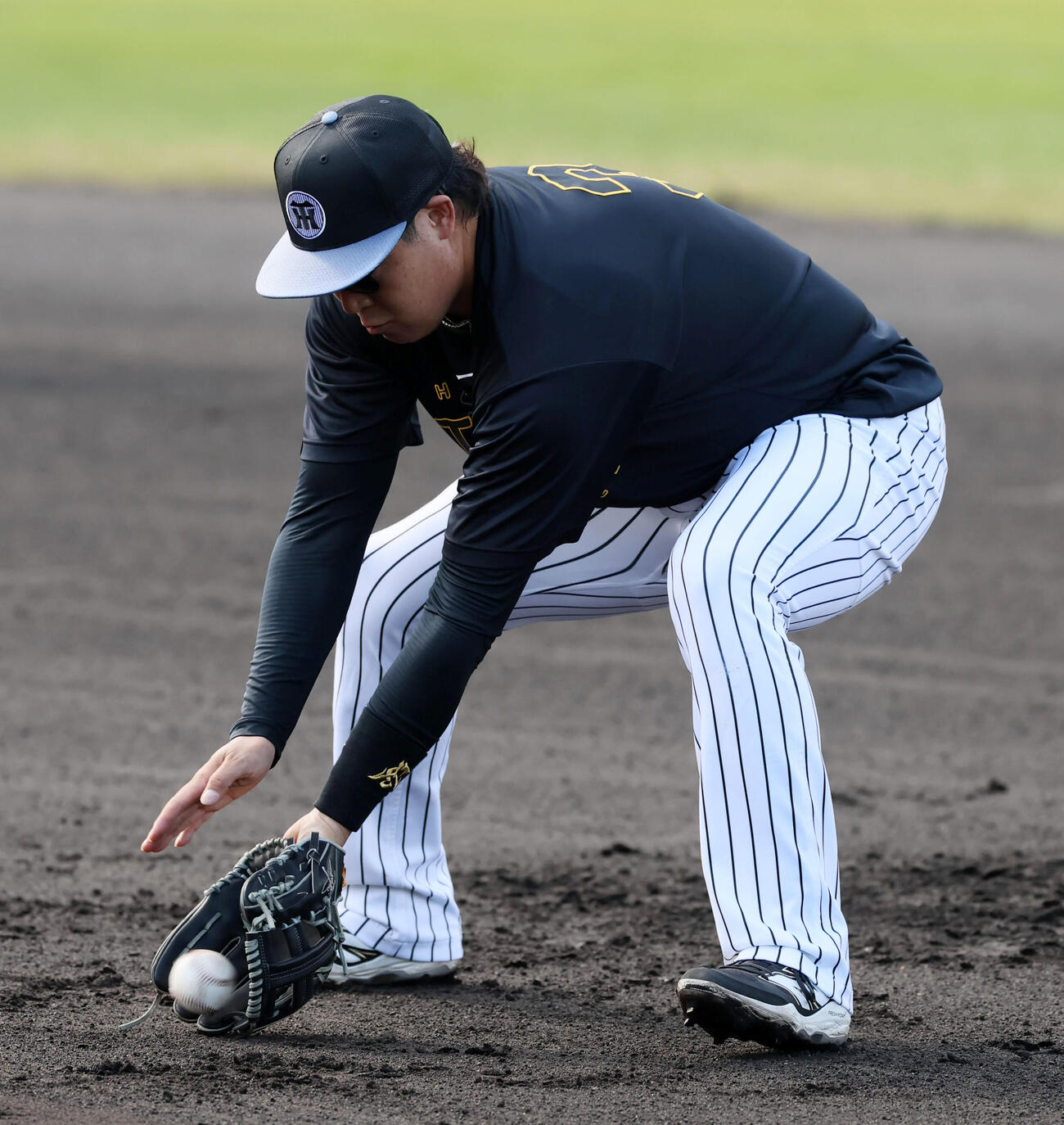 早出特守で二塁守備位置に就いた阪神大山（撮影・加藤哉）