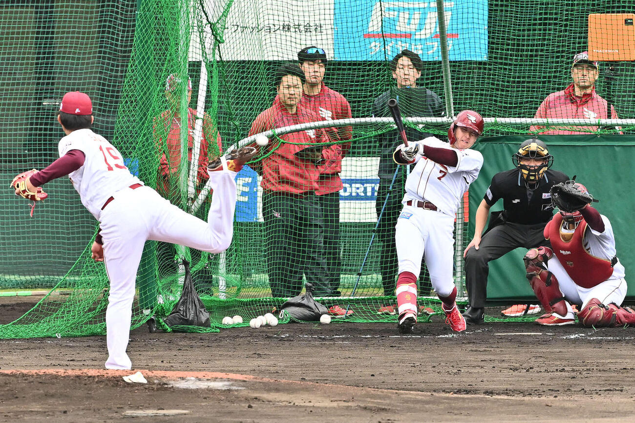 ライブBPで安打性の打球を放つ楽天鈴木大。投手荘司（撮影・滝沢徹郎）