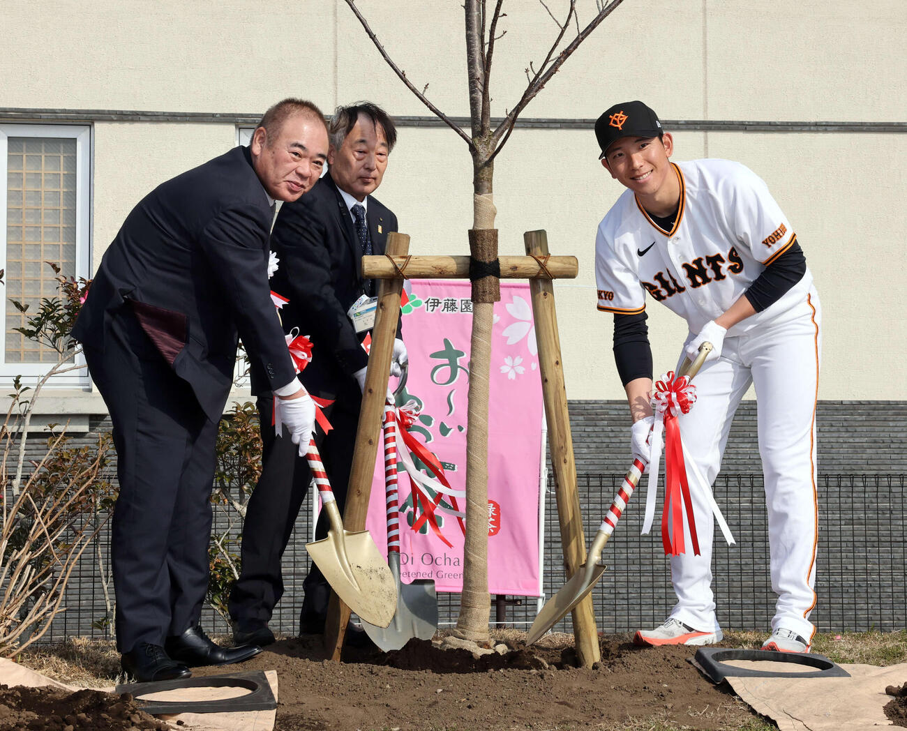 「わたしの街の未来の桜プロジェクト」で桜を植樹する巨人戸郷（右）（撮影・浅見桂子）