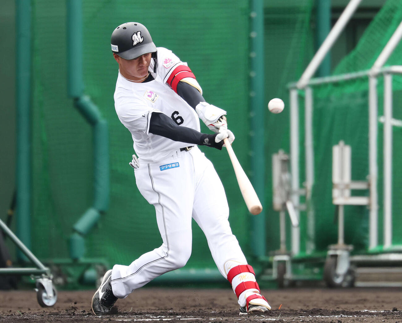 ライブBPで右前打を放つロッテ西川（撮影・宮地輝）