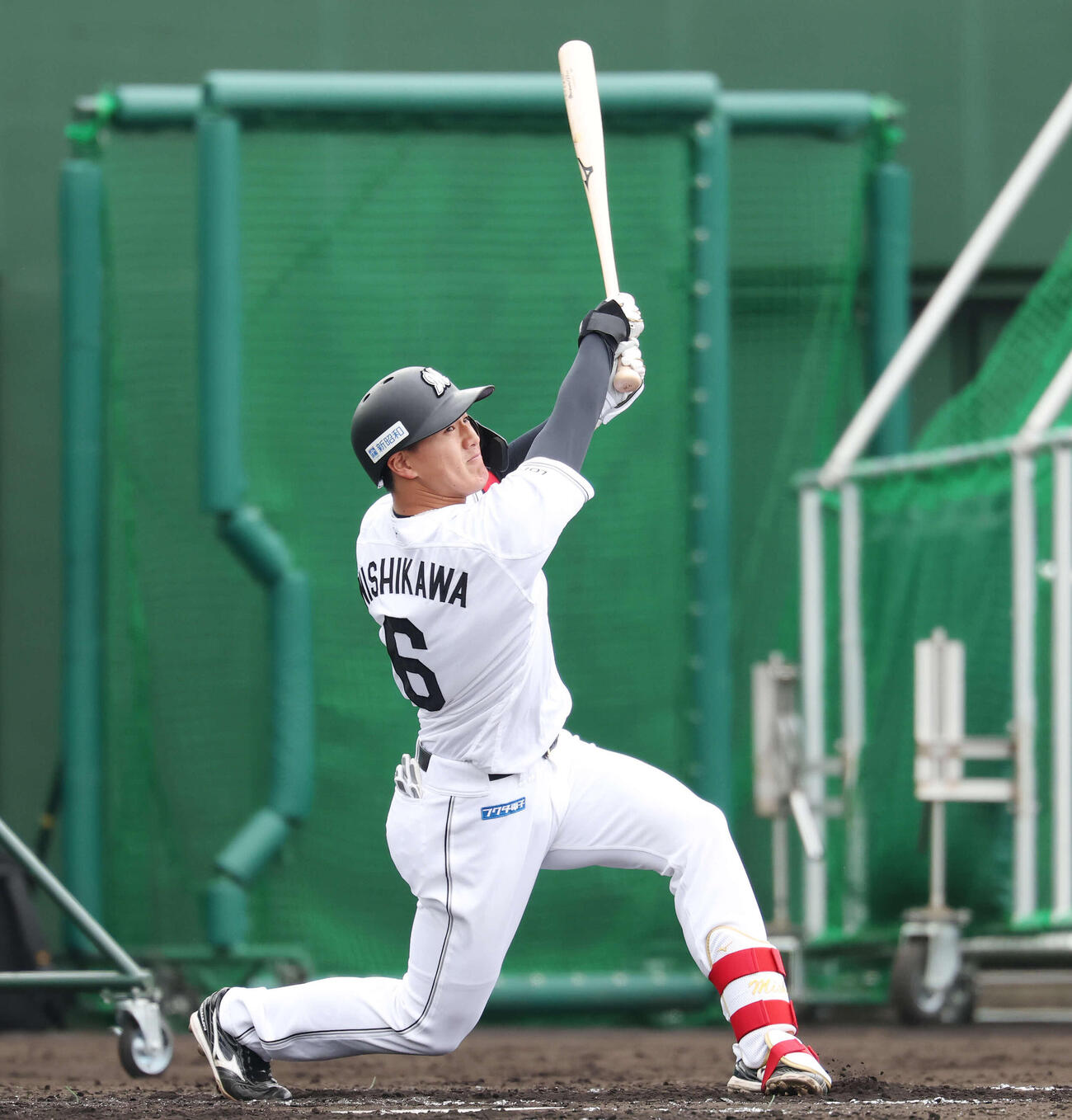 ライブBPで右前打を放つロッテ西川（撮影・宮地輝）