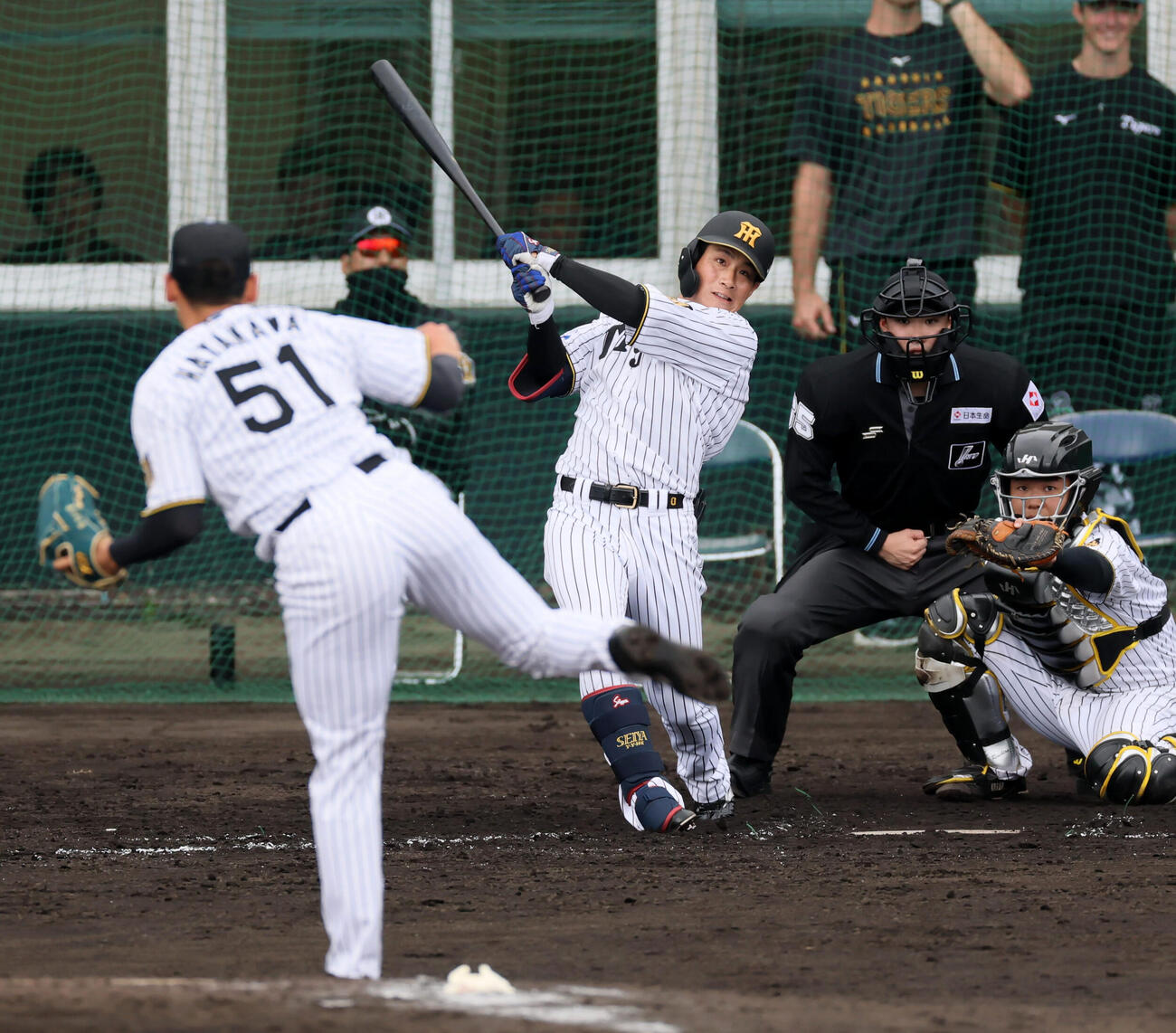 シート打撃練習で左中間越え二塁打を放つ木浪。投手早川（撮影・加藤哉）