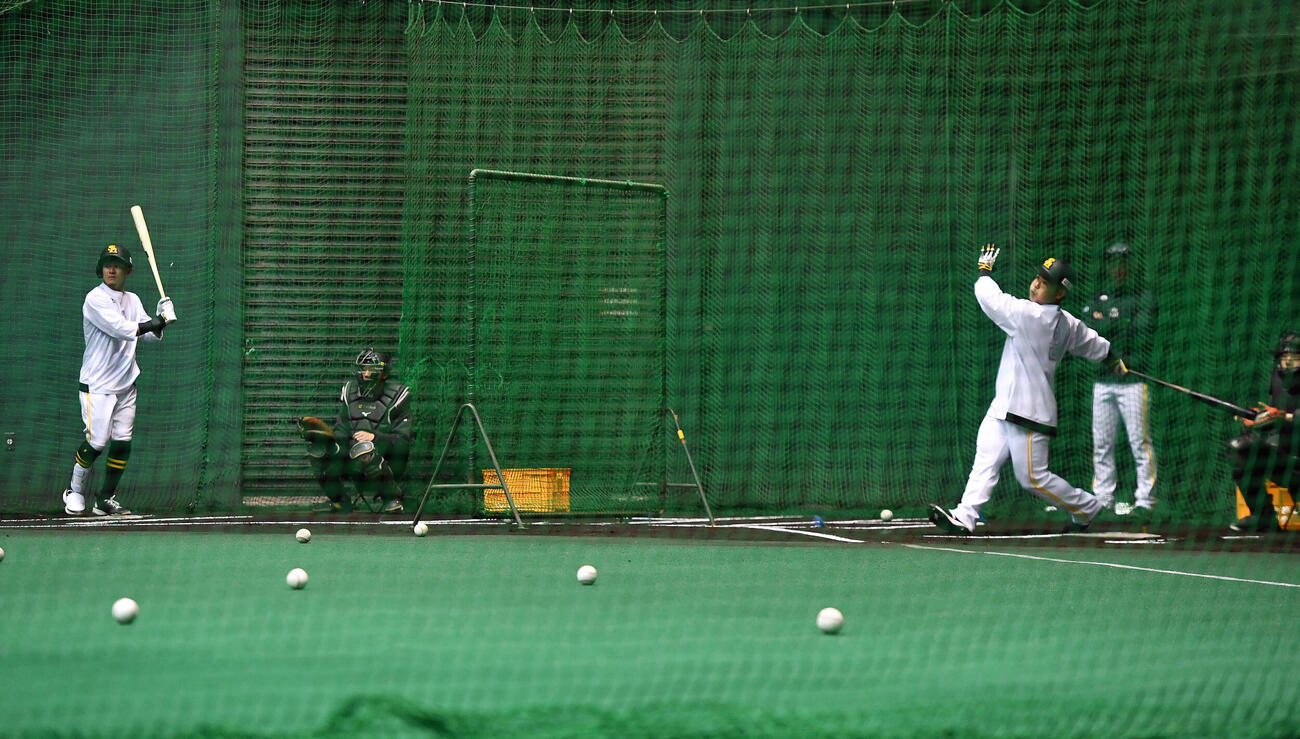 フリー打撃を行うソフトバンク近藤（右）と牧原大（撮影・岩下翔太）