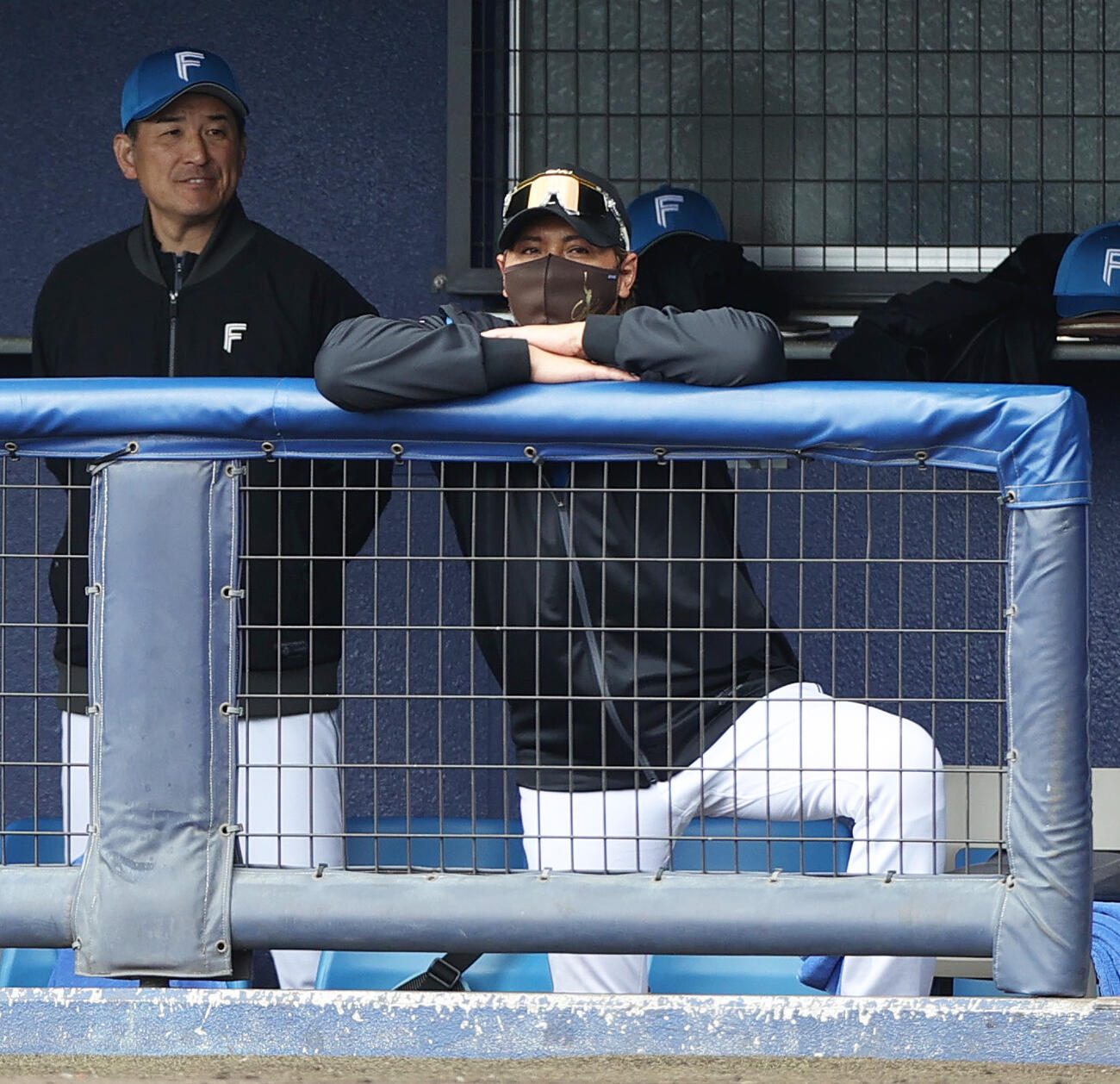 練習試合・日本ハム対阪神　ベンチで試合を見つめる日本ハム新庄監督（手前）（撮影・上山淳一）