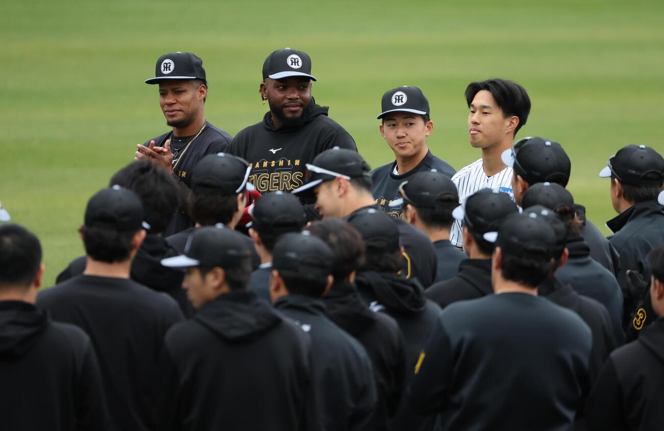 宜野座組に合流しあいさつする（右から）岡城、立石、ドリス、モレッタ（撮影・西尾就之）