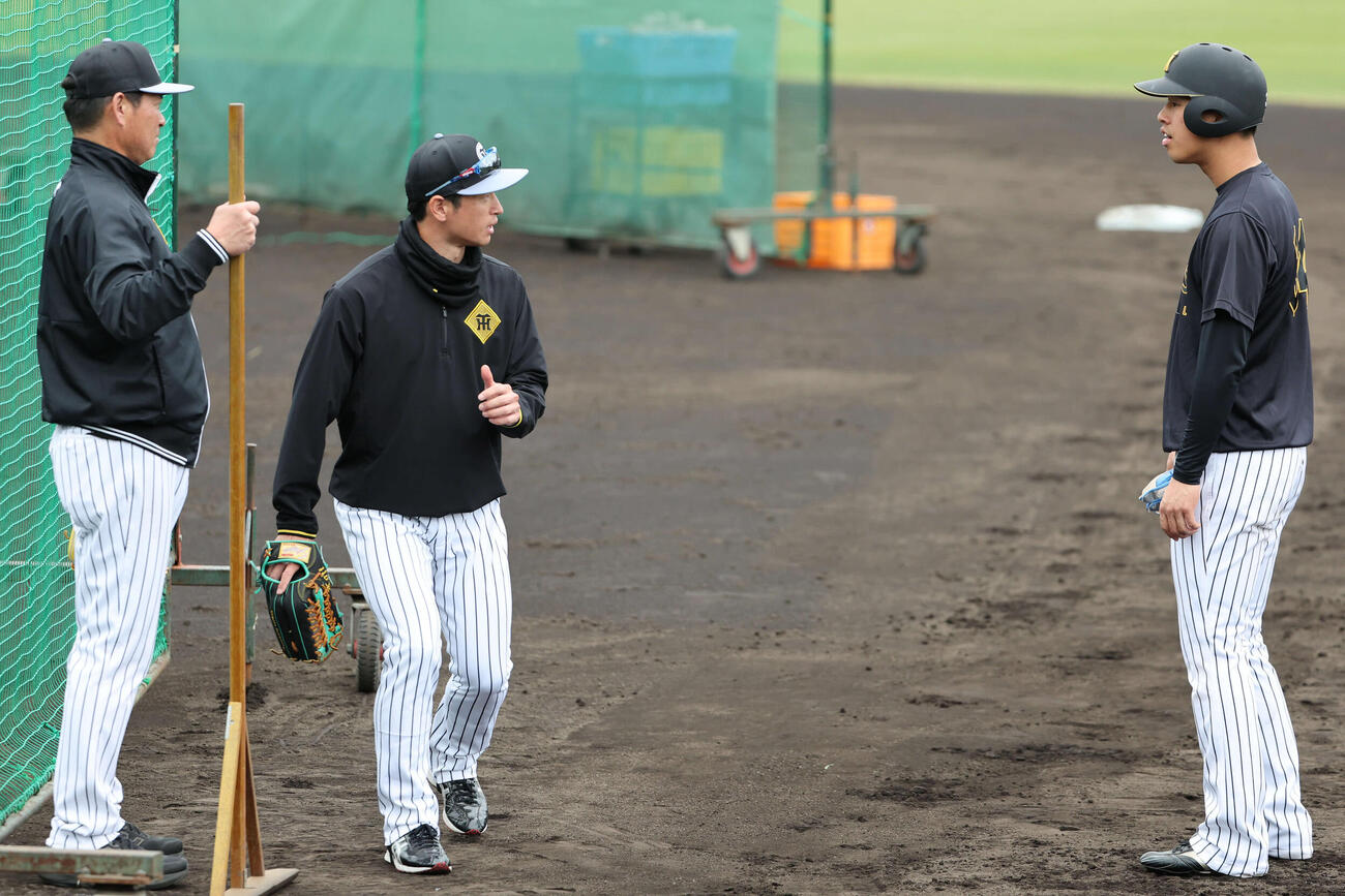 走塁について近本からアドバイスされる阪神岡城（右）。左は筒井コーチ（撮影・西尾就之）