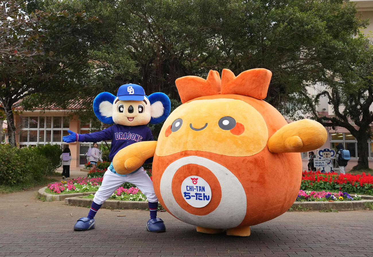 キャンプ地の小学校を訪れあいさつ運動を行ったドアラ（左）とちーたん（撮影・森本幸一）