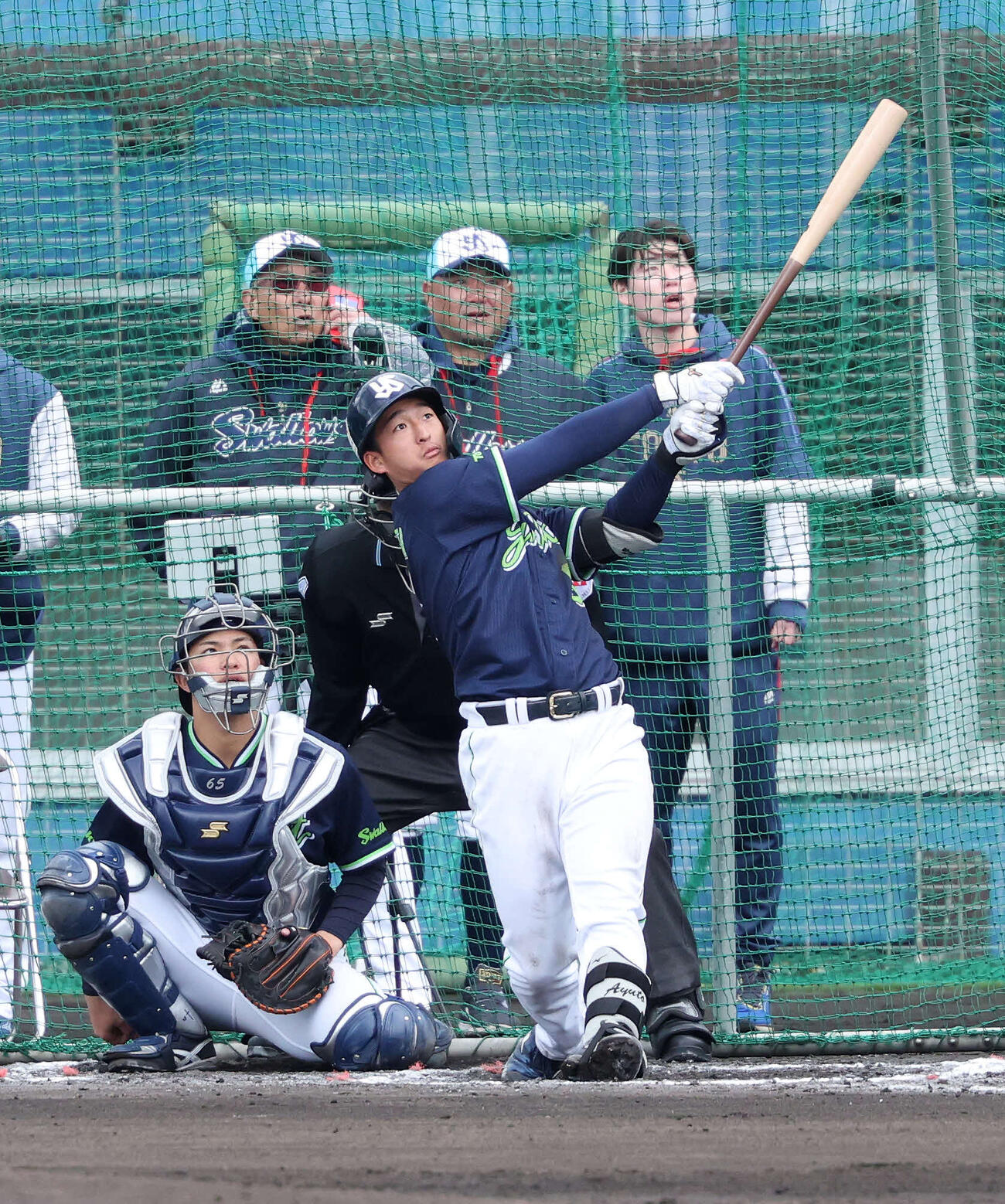 2月8日のライブBPで柵越えを放つヤクルト松下（撮影・鈴木正人）　