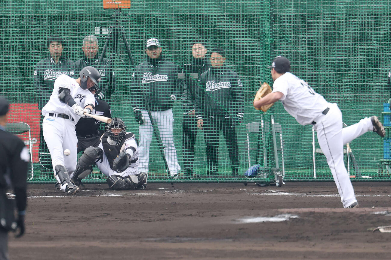 ライブBPで右前打を放つロッテ安田。投手八木（撮影・宮地輝）