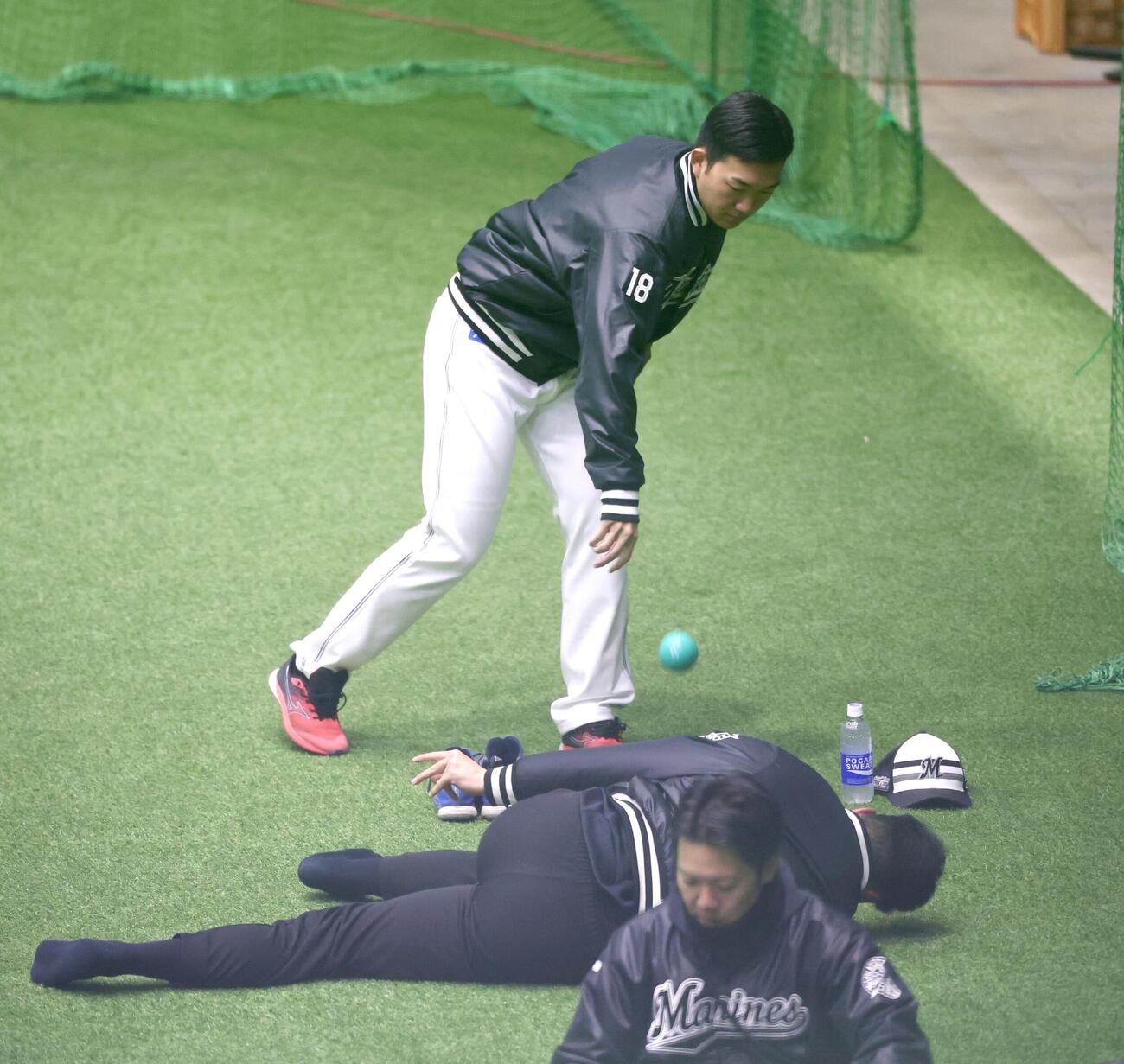 ロッテ冨士（下）とじゃれ合う石垣元（撮影・宮地輝）