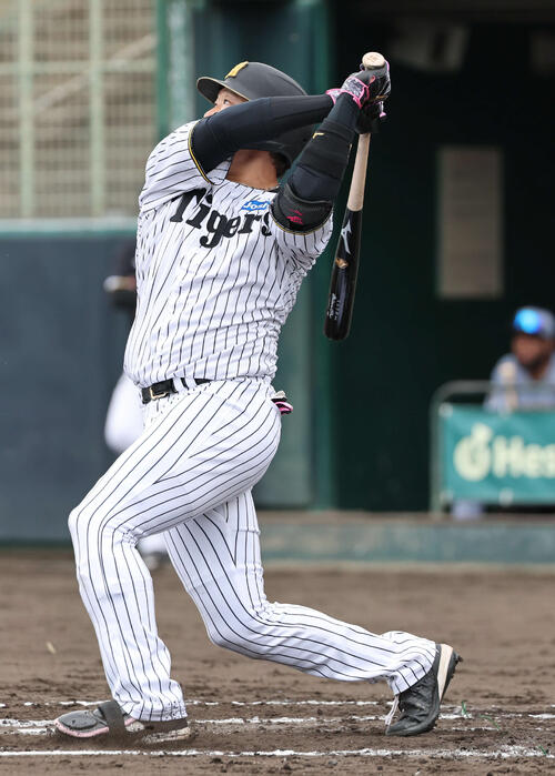 阪神紅白戦　2回裏白組1死、大山は本塁打を放つ（撮影・西尾就之）