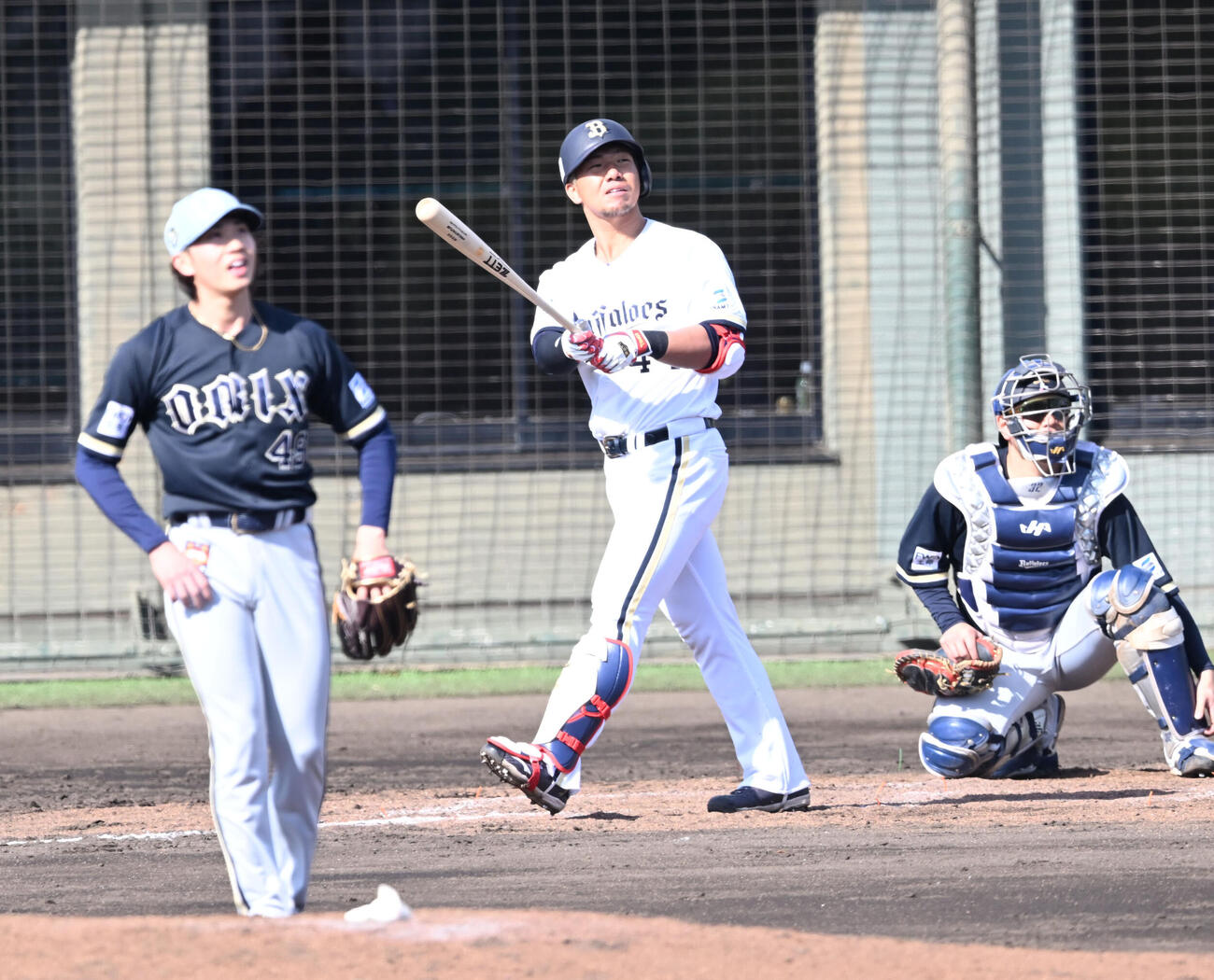 4回裏、左越えソロ本塁打を放つオリックス頓宮、投手片山（撮影・和賀正仁）